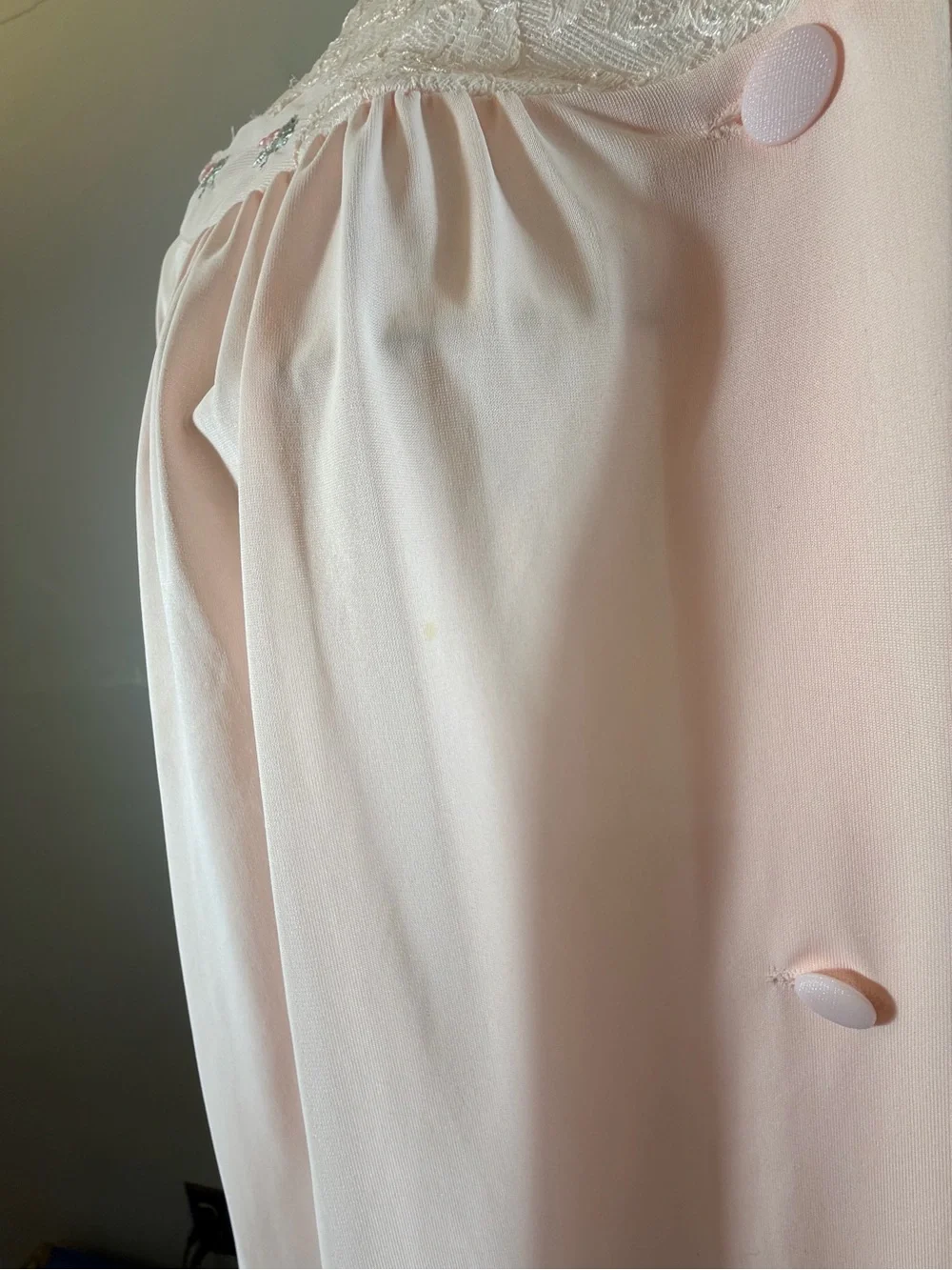 Vintage Shadowline Nylon Long Pink Lace-Trim Nightgown Size M Flawed see below